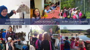 Uczniowie klas 1-3 podczas zajęć w terenie. Kolejno od lewej strony - w gospodarstwie agroturystycznym, ogrodzie botanicznym i Nowym Zoo w Poznaniu.