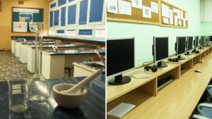 Pracownia chemiczna i sala komputerowa.